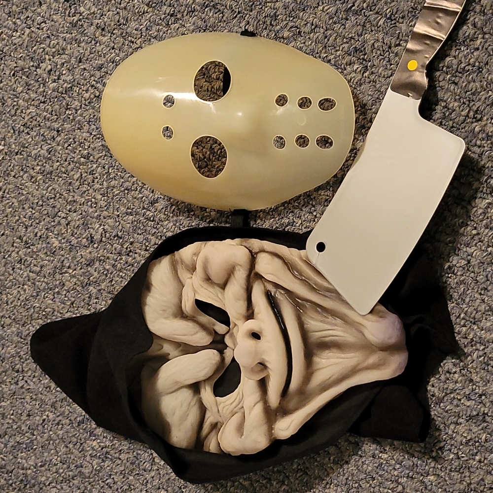 Halloween costume trio, 2 masks, 1 game butcher knife